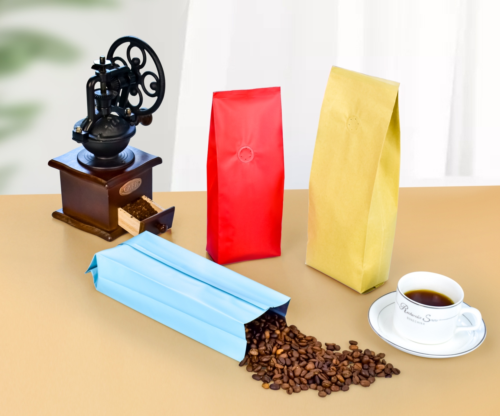 Red, yellow and blue side-gusset coffee bags