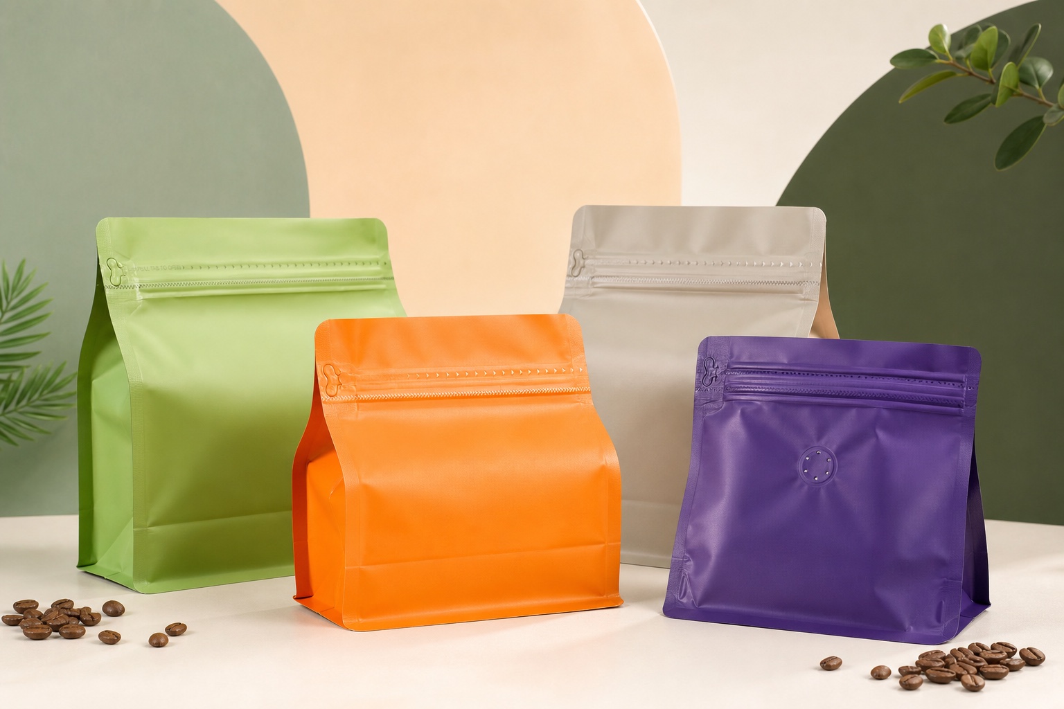 A selection of colorful custom coffee and food packaging